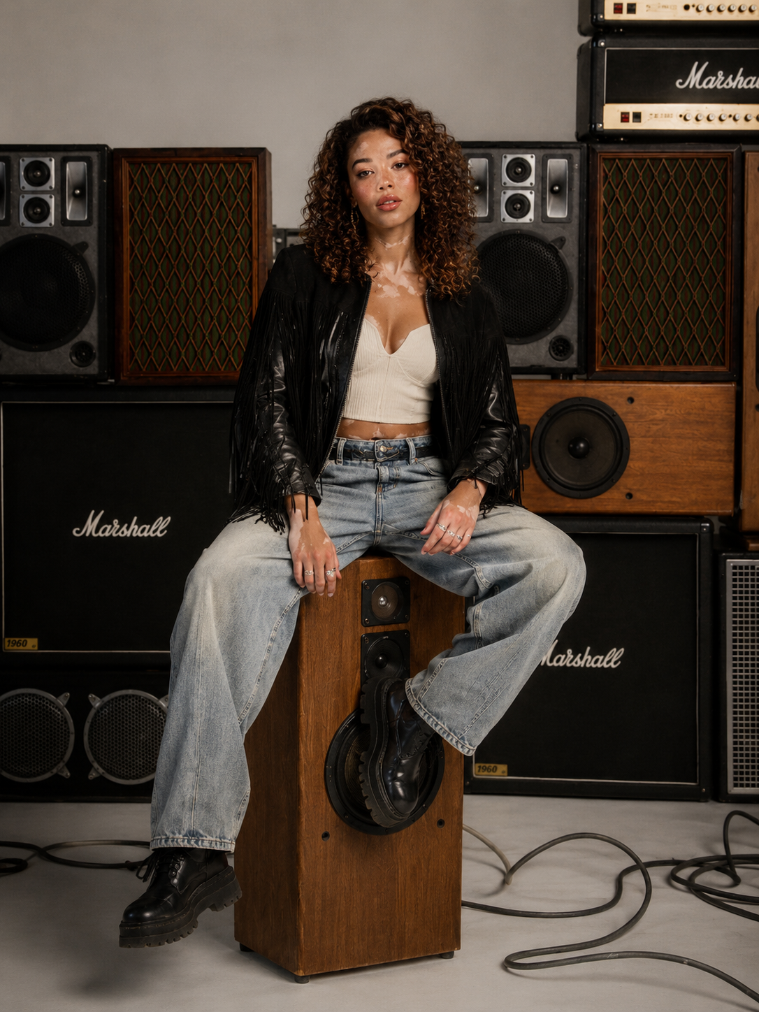 Sophia sitting on a vintage speaker wall