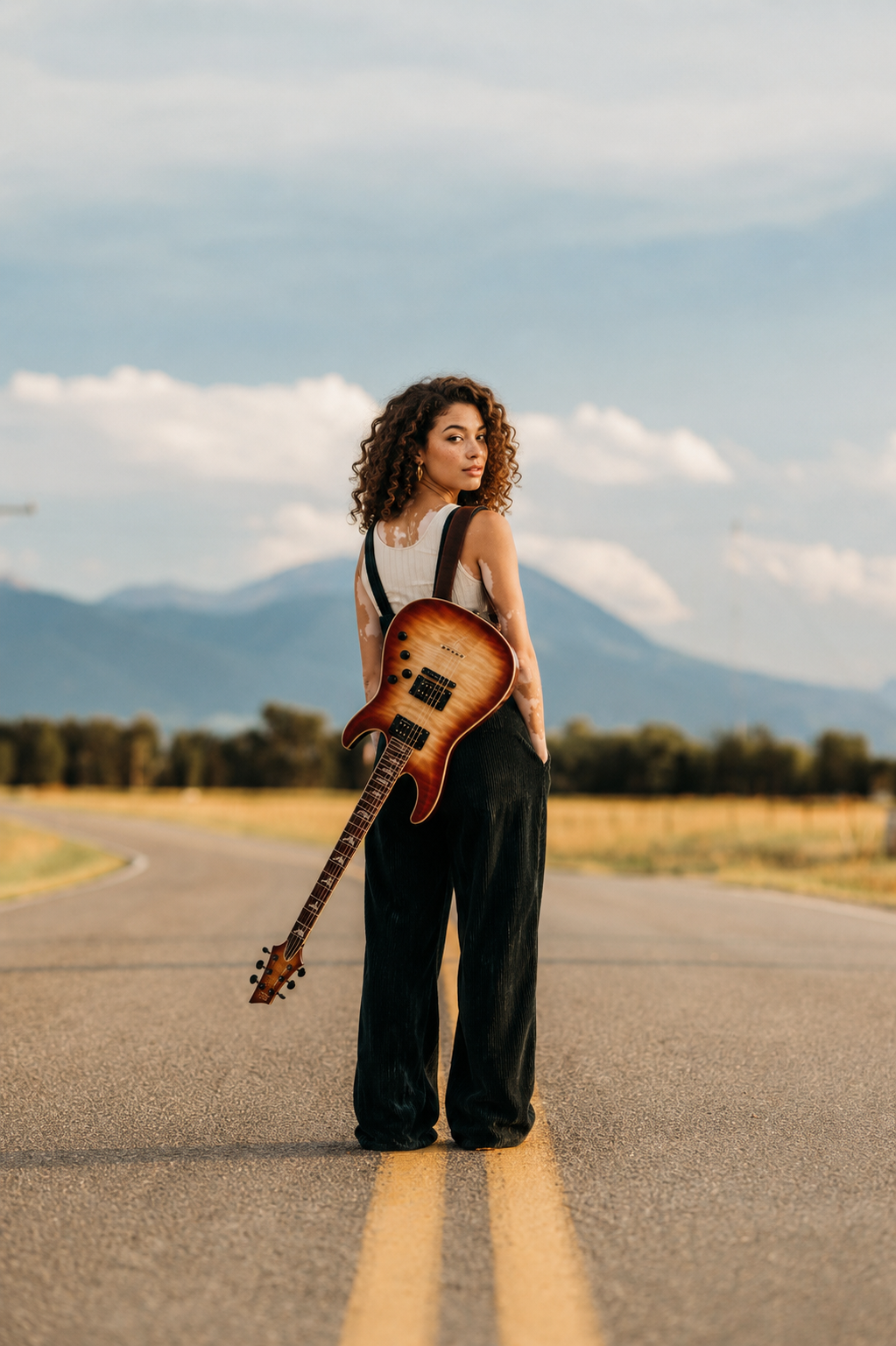 Sophia walking an open road with her guitar